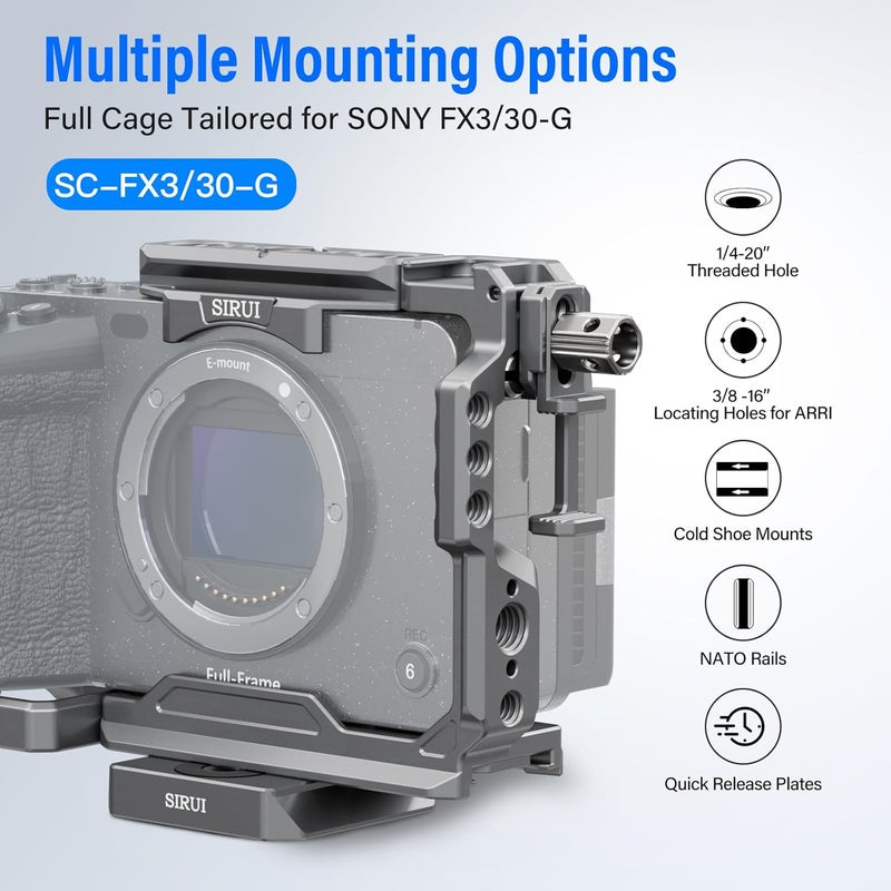 sirui Camera Cage for Sony FX 3 FX30 with Wrist Strap Cable Clamp for HDMI NATO Rail, QR Plate for Arca-Swiss, Compatible with Sony XLR Handle and Compatible with DJI RS2 RS3 Gimbal, Grey - Image 4